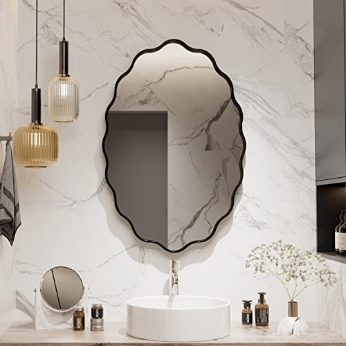 Yamazakura Irregular Mirror 24X36,Matte Black Bathroom Mirror With Wavy Frame Black Metal Framed Bathroom Mirror For Wall(Horizontal/Vertical) #TOP8