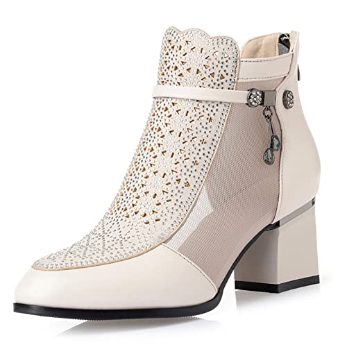 Botas clásicas Malla para Mujer, Botines Verano Transpirables y Huecos, Sandalias Botines tacón Grueso con Diamantes imitación, Sandalias de tacón Medio Antideslizantes Retro Cuero,Beige,39 EU