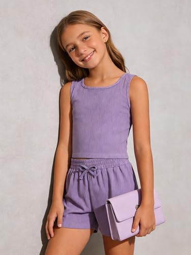 Image of Cakaner Tween Girls 2 Piece Outfit Set Summer Tank Top and Elastic Waist Shorts with Belt Size 7-14