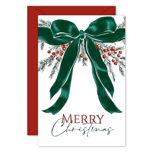 Whaline 20 Pack Christmas Cards Green Bow Holly Berry Greeting Cards with Envelopes Stickers Xmas Winter Blank Note Card for Holiday Wedding Birthday Party Invitations, 4 x 6 Inch