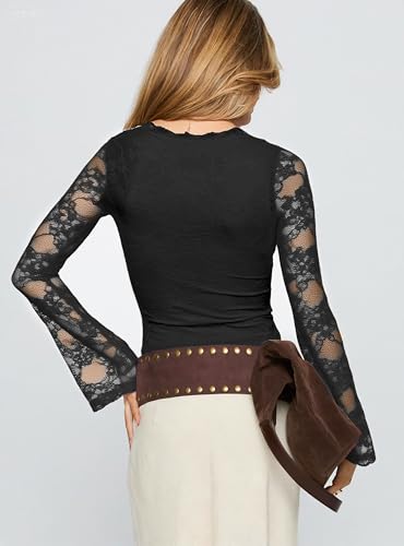 INFITTY Women's Lace Bell Sleeve Crop Tops V-Neck Long Sleeve Shirts Double Lined Slim Fit Blouses Outfits