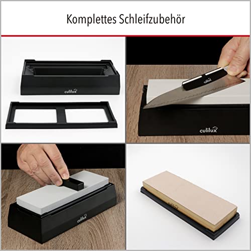 CULILUX® Pro Schleifstein Profi Set XL Wetzsteine Körnung 400 1000 6000 auf Glas doppelseitige Leder-Abziehbank rutschfeste Schleifbasis mit Silikon-Halterung Schärfhilfe Abrichtstein