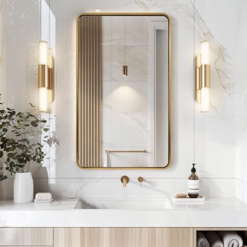 Image of ANDY STAR 24x40 Inch Gold Bathroom Mirror, Rounded Rectangle Mirror, Brushed Brass Bathroom Vanity Mirror Oblong Tube Metal Framed, SUS304-Anti-Rust, Wall-Mounted Horizontal /Vertical 1'' Deep