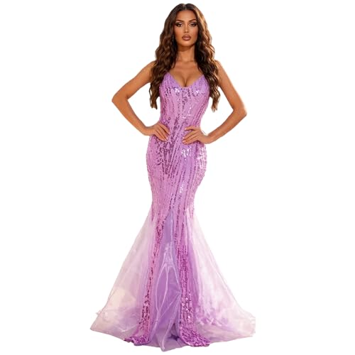 Image of Spaghetti Sequin Formal Dress Tulle Mermaid Floor Length Evening Night Party Gown