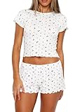 Lacozy Cute Pjs for Women Set 2 Piece Short Sleeve Pajamas Set Floral Graphic Crop Top and Shorts Y2K Sleepwear S