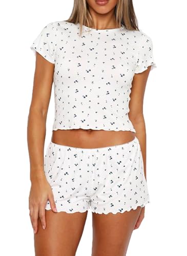 Image of Lacozy Cute Pajamas for Women Set 2 Piece Short Sleeve Pjs Floral Graphic Crop Top Y2K Summer Sleepwear Lounge Set
