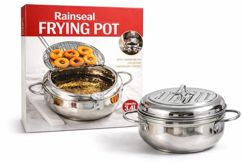 Image of Stainless Steel Deep Fryer Pot with Thermometer and Oil Drip Rack, Tempura Frying Pan with Lid for French Fries, Chicken, Fish and Snacks