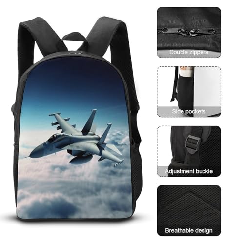 Printed Backpack With Lunch Pack Storage Box Case Aircraft Fighter Jets 3pcs Lightweight Travel Backpack3