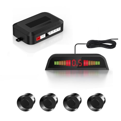 4 Parking Sensors, Compact Screen Distance Display with Sound Warning + 4 Black Parking Sensors for Car Auto Vans RV Trailer