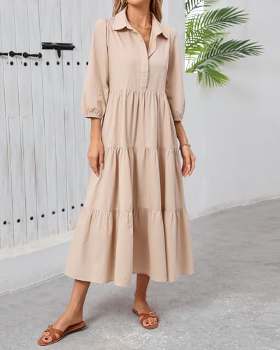 Image of Women Button Down Maxi Shirt Dress Long Sleeve Flowy Tiered Collared Dresses with Pockets