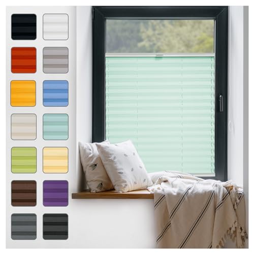 Fenster Plissee ohne Bohren zum Kleben Innenrahmen - Thermo Plisseerollo Innen - Rollo Jalousie, Halterungen auf Rahmen, Faltrollo, Sichtschutz, Blickdicht, für Fenster & Tür - Mint, 105 x 120 cm
