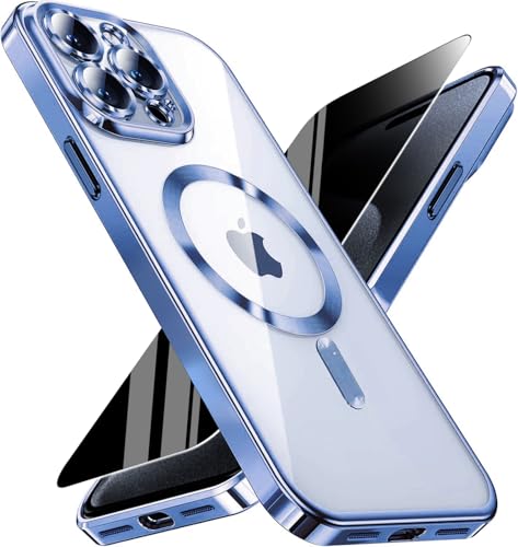 Image of Magnetic for iPhone 15 Pro Max Case with Privacy Screen Protector & Full Camera Cover,[Non-Yellowing] Plating Glossy Soft Shockproof Clear Phone Case with MagSafe Women Girls for 15 ProMax,Blue