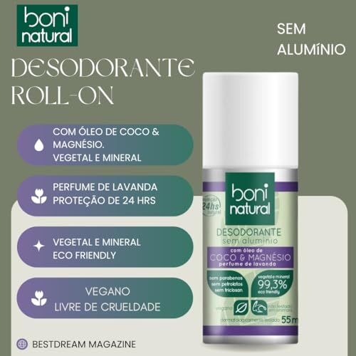 Kit 3 Desodorante Boni Natural Roll-On Natural Coco E Magnésio Vegano Lavanda 24Hrs Proteção 55ml