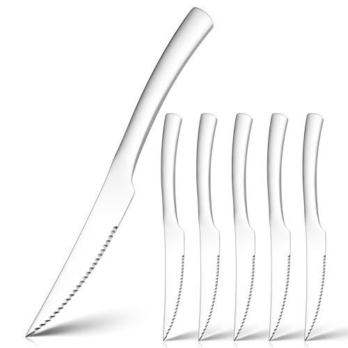 HaWare Steak Knives Set, 6 Pcs Stainless Steel Kitchen Steak Knives, Sharp Serrated Dinner Table Knives with Ergonomic Handle, Full Tang & Mirror Finished, Dishwasher Safe, 23cm