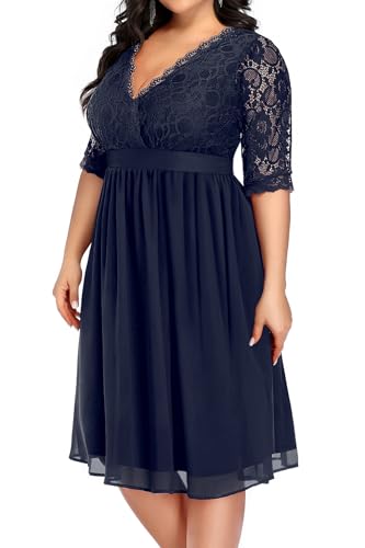 Image of Pinup Fashion Plus Size Lace Chiffon Wrap V Neck Dresses Women Cocktail Wedding Guest Midi Dress