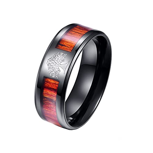 PAMTIER Bague Homme Arbre de Vie 8MM Anneau de Bande en Acier Inoxydable en Bois Incrusté Le Noir Taille 54