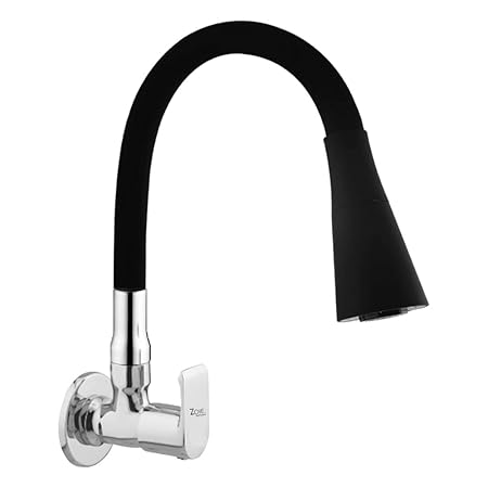 Zoie Z27040 Kitchen Sink Tap with Black Flexible Silicone Swivel Spout with Free Flange and Teflon Tape Black & Chrome Finish (Dual Flow) Stonex Series (Wall Mounted Installation)