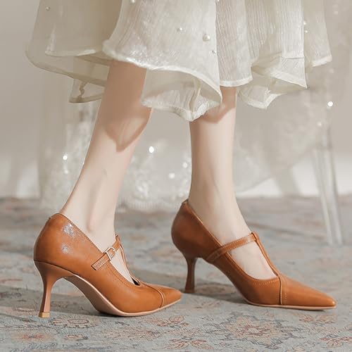 Women'S Leather T-Strap Sexy Pointed Stiletto Heel Pumps Fashion Adjustable Buckle Comfort Kitten Heel Mary Janes Party Wedding Evening Dress High Heel Shoes4