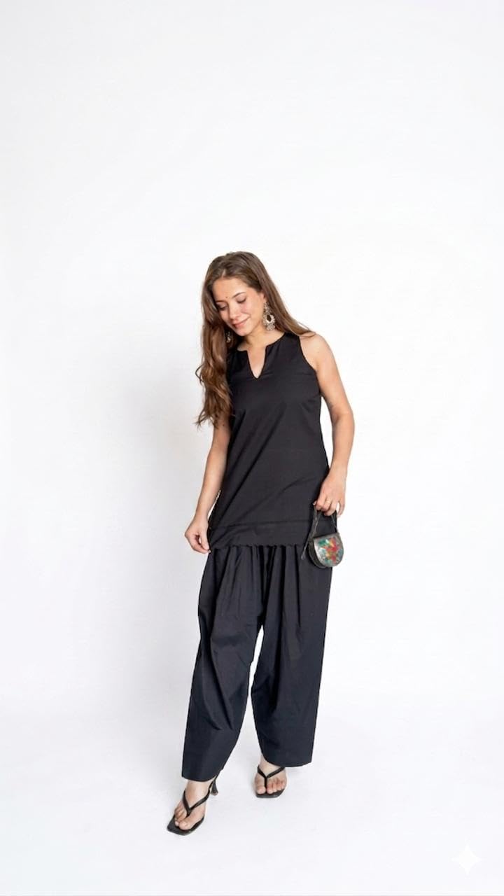 Women's Kurta Salwar Set, Black, Sleeveless Kurta with Draped Salwar, Ethnic Wear Co-ord Set-picture-28
