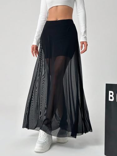 ELDINA Women's 2024 Summer Casual Long Skirt Black Black Mesh Skirt2