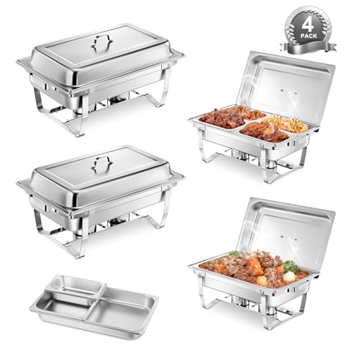 Chafing Dish Buffet Set 4 Pack 9L Stainless Steel Food Warmer Set Chafing Dish w/2 Full&2 Half Size Pans4 One quarter Size Pans 4 Fuel Holder Tray Buffet Server Food Warmers for Party Wedding
