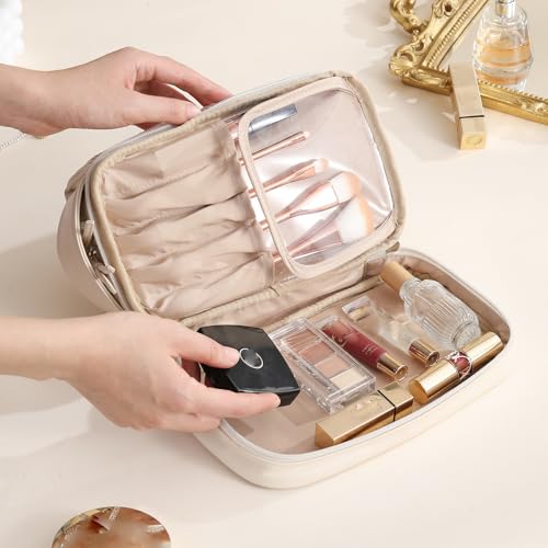 Makeup Bag, Large Double Layer Waterproof Travel Bag with Handle and Brush Compartment for Women (Cream)3