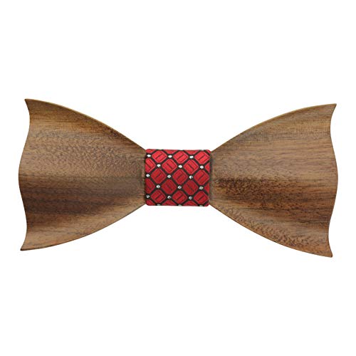 Solid Pointed Butterfly Wooden Bow Tie with Red Patterned Centre