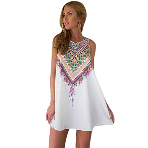 Vintage Boho Vestido Harrystore 2017 Caliente Venta de Verano sin Mangas Playa Impreso Corto Vestido Mini (S, Blanco-3)