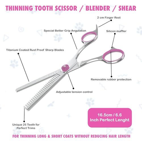 Image of V5 Dog Grooming Shears Set | 5 Piece Stainless Steel Pet Grooming Kit | Thinning Tooth Up Curved Fish Mouth Scissors | 2 in 1 Steel Comb | Anti Tick Flea Spray 100 ml | Zip Carry Bag