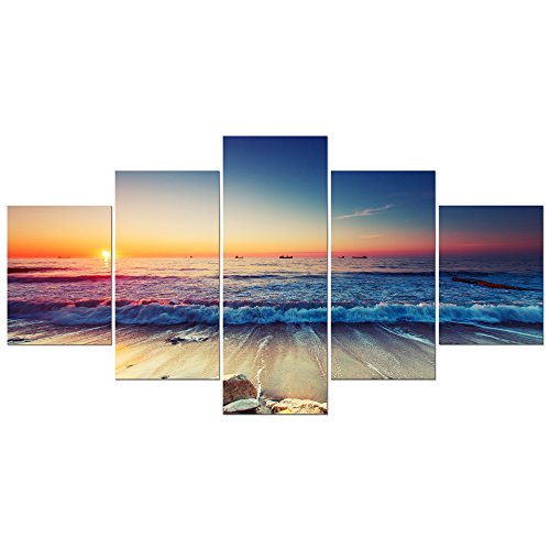 Pyradecor 5 Piece Large Modern Seascape Artwork Gallery Wrapped Ocean Sea Beach Pictures Canvas Prints Waves Paintings on Canvas Wall Art for Living Room Bedroom Home Decorations L