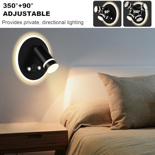 HUIZHOU Reading Lamp Wall Mounted LED Wall Lamp Touch Control 3 Color Temperatures and 12W USB Charging Port 350° Rotating Bed Reading Light Living Room and Bedroom (Round Black) - Image 3