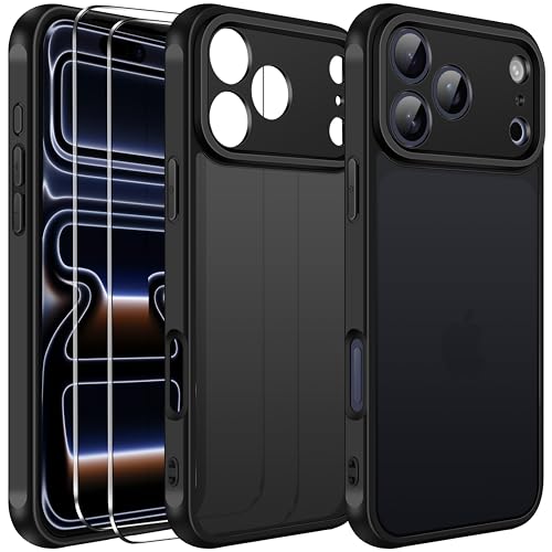 ivoler Funda Mate Negro para iPhone 17 Pro con 2 Piezas Cristal Templado, [Protección Lente Cámara] [Protección Militar] Carcasa Protectora Antigolpes Trasera Translúcida Antihuellas Case, Negro