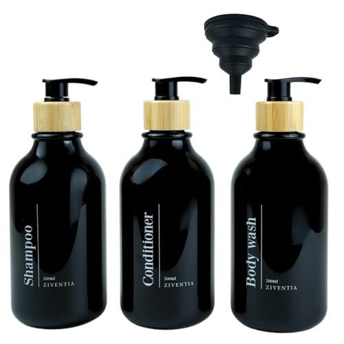 ZIVENTIA® Botes para Gel y Champu 500mL 3uds + Embudo Plegable | Dispensador jabon baño | Dispensador jabon ducha | Dosificador Jabon Baño | Dispensador Jabon Ducha | Soap Dispenser | Color Negro