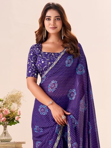 Image of AKHILAM Women's Bandhani Printed Chiffon Saree with Blouse