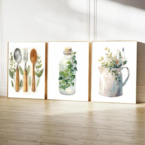 YFvrPt Juego de 3 pósteres de cocina bohemios grandes para comedor, arte de pared de cocina, plantas verdes salvia, decoración botánica, decoración minimalista de comedor, obras de arte sin marco, 16