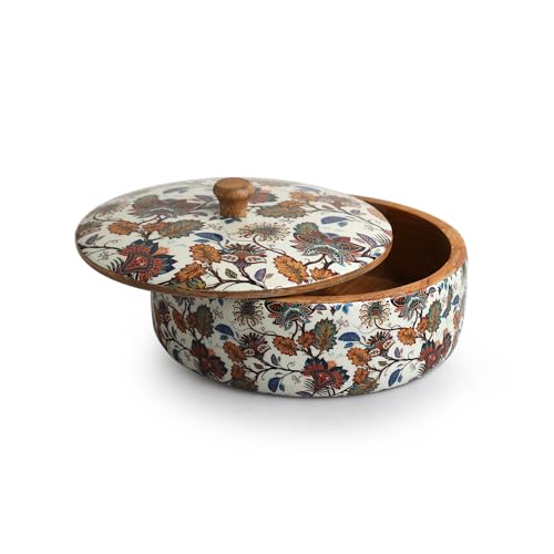 Image of ExclusiveLane 'Floral Chronicles' Wooden Chapati Box for Kitchen with Lid (Mango Wood, 8 inch, 1140 ml) | Hot Case for Roti Casserole for Roti Hot Case Casserole Roti Box Hot Pot for Roti Kitchen