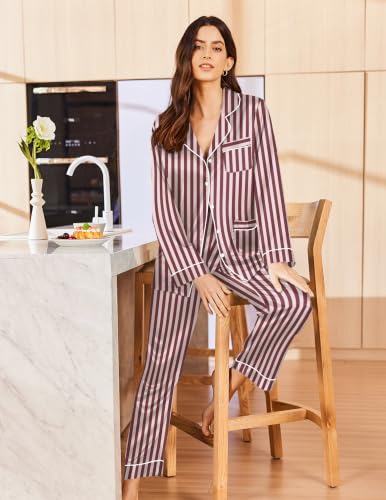 Image of Ekouaer Pajamas for Women Silk Satin Button Down Long Sleeve Pajama Sets