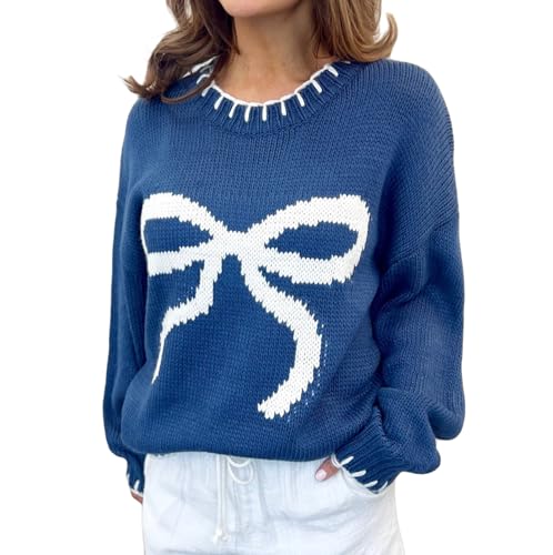 Image of Women Cute Bow Knit Sweater Y2k Long Sleeve Crew Neck Knitted Pullover Top Oversized Going Out Fall Winter Knitwear