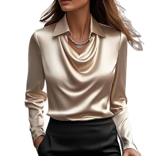 Genérico Blouses for Women Dressy Casual, Cowl Neck Long Sleeve Satin Silk Blouse, Elegant School Office Work 2025 Fall Outfits (Khaki,3XL)