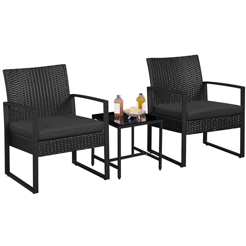 Yaheetech 3-Piece Rattan Garden Furniture Set 2 Seater Chairs & 1 Table for Balcony with Cushions for House/Porch/Garden/Backyard/Outdoor Use Black