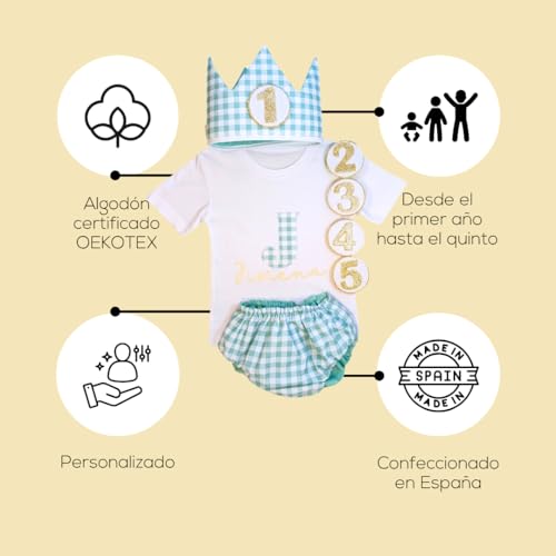 Conjunto Cumpleaños 1 año Personalizado - Camiseta con nombre Bebé - Regalo primer cumpleaños - Smash Cake - Corona cumpleaños (Vichy Rosa) (Mint)