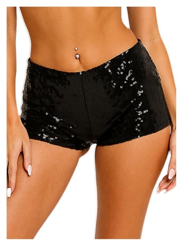 Dynvernal Sequin Micro Shorts Y2k Low Rise Sexy Sparkly Mini Short Rave Outfits Trendy for Club M Black