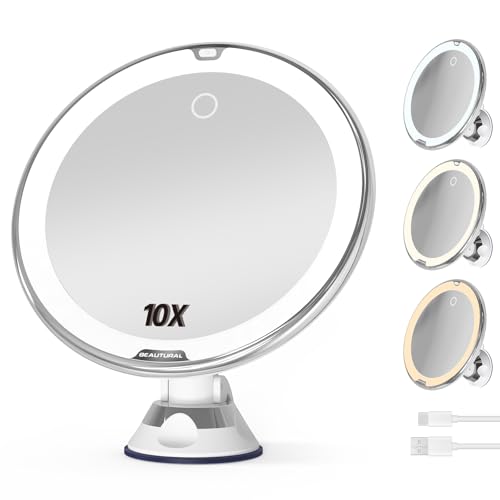Beautural Espejo Maquillaje con Luz, Aumento de 10x, Espejo Baño con Luz LED Regulable en 3 Colores, Pantalla Táctil, Ventosa, Giratorio a 360°, para Maquillaje, Afeitado y Viajes