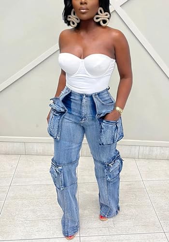 NRTHYE Women Cargo Jeans High Waist Straight Leg Trendy Stretchy Denim Cargo Pants with Pockets4