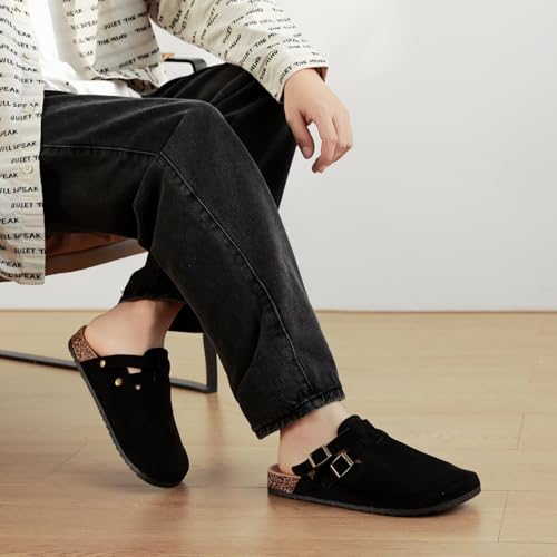 Men Suede Clogs with Arch Support, Unisex Leather Mules for Women, Adjustable Double-Buckle Cork Footbed Slip-On Sandals - Comfortable Potato Shoes4