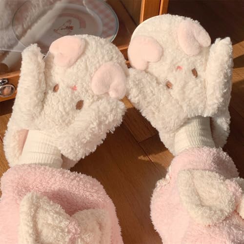 Women Cute Bunny Fluffy Slippers Cozy Rabbit Theme Warm House Shoes Comfortable Soft Sole Indoor Slipper Booties (US8.5-9,White,8.5,9)4