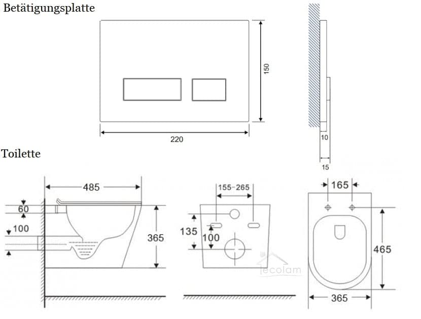 ECOLAM® Set WC Wand Vorwandelement Toilette Brava weiß Clean on spüllrandlos hängend Tiefspül + WC-Sitz Soft Close + Betätigungsplatte – Bild 4