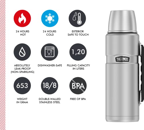 Foto von Thermos Stainless King Thermosflasche Silber 1,20l - Edelstahl, absolut dicht, mit Trinkbecher und Griff, 12h heiß & 24h kalt, spülmaschinenfest, BPA-frei