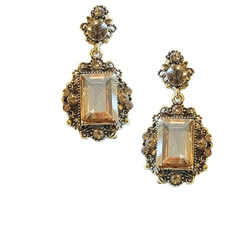 Victorian Art Deco Antique Vintage Retro Style Honey Amber Champagne Citrine Rhinestone Bridal Bridesmaid Wedding Prom Dangle Earrings