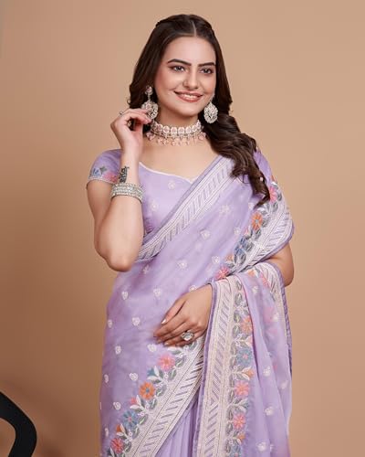 Image of VAIRAGEE Women Soft Organza Embroidery Traditional Flower Pattern Beautiful saree with unstitched blouse piece (6159)